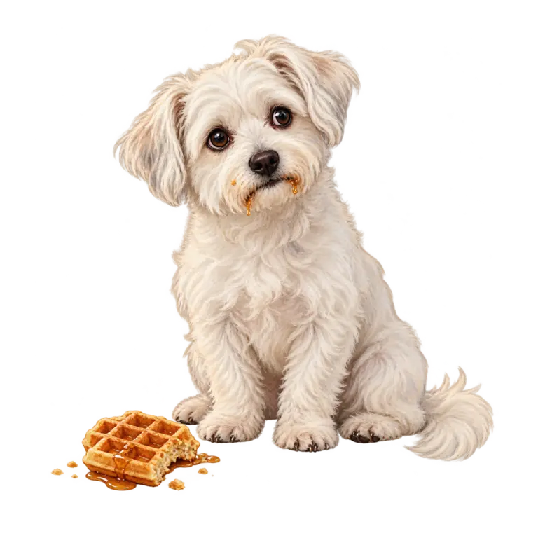 A fluffy white dog beside a waffle with an innocent expression.